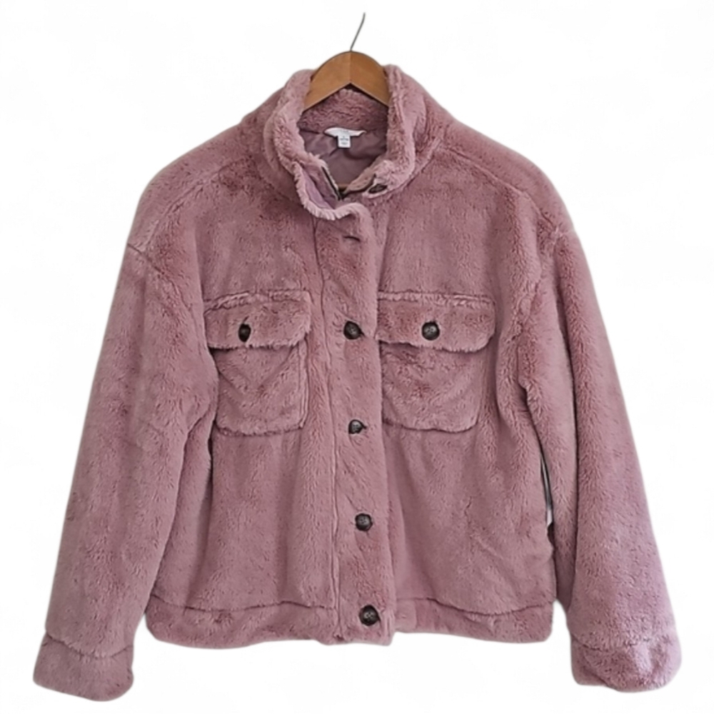 Pink Faux Fur Teddy Shacket Jacket Womens Large NWT Cozy Soft